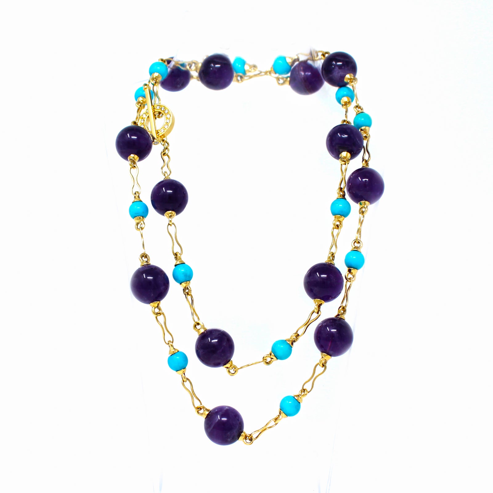 Signed Rosaria Varra Turquoise and Amethyst Beads Station Necklace 18 Karat