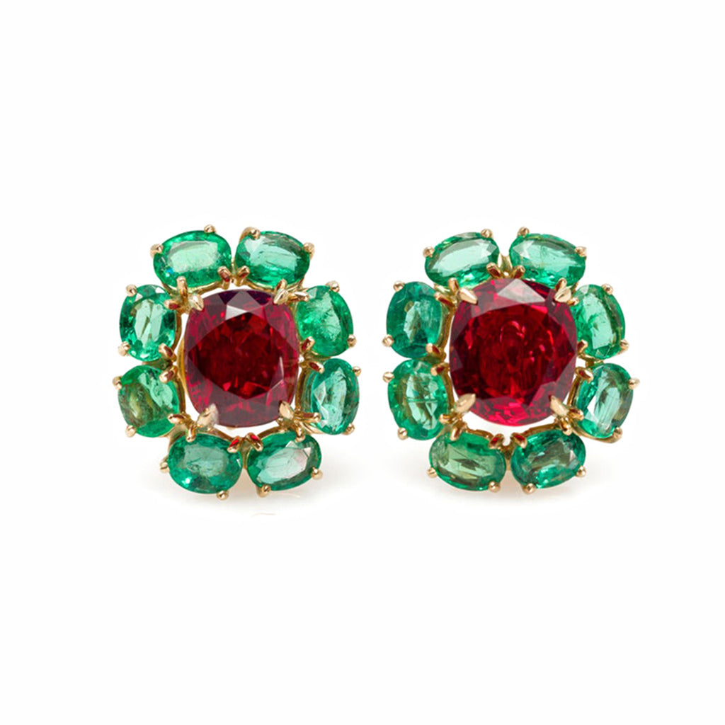 Rosaria Varra Natural No Heat Spinel (GIA) and Emerald Earrings in 18K Gold front view