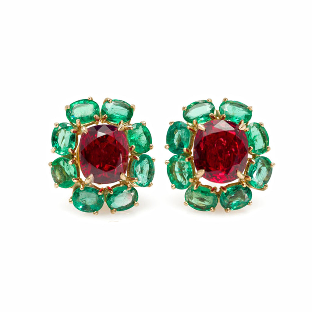 Rosaria Varra Natural No Heat Spinel (GIA) and Emerald Earrings in 18K Gold front view
