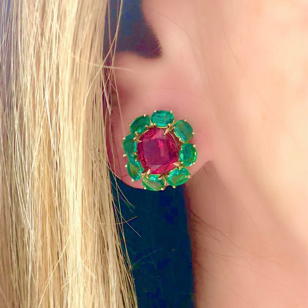 Rosaria Varra Natural No Heat Spinel (GIA) and Emerald Earrings in 18K Gold model view