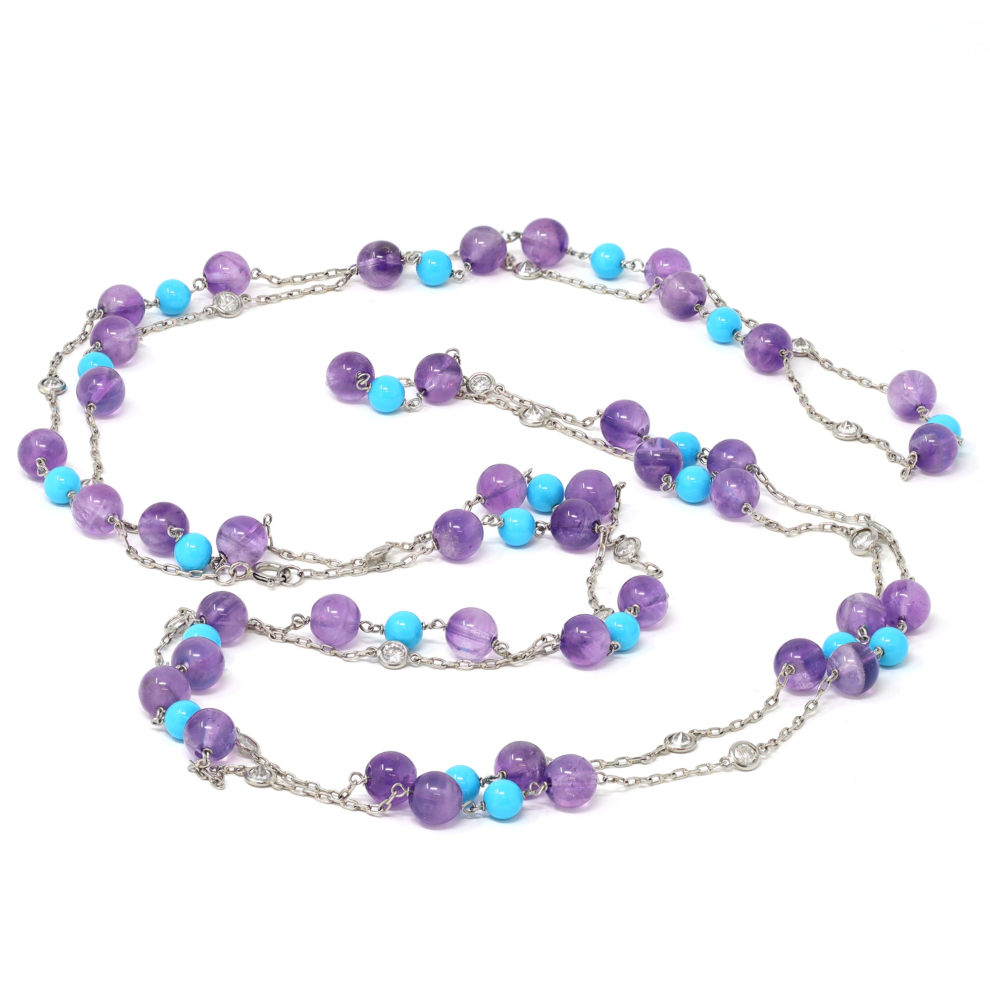 Platinum Station Necklace with Amethyst Turquoise and Diamonds double strand view