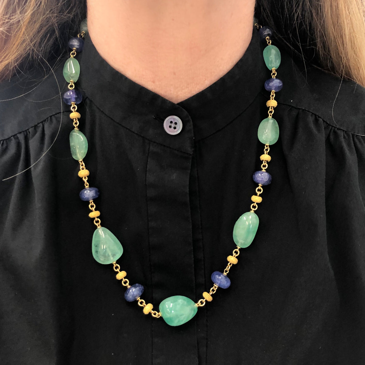 Emerald and Tanzanite Bead Necklace by Rosaria Varra in 18 Karat model view