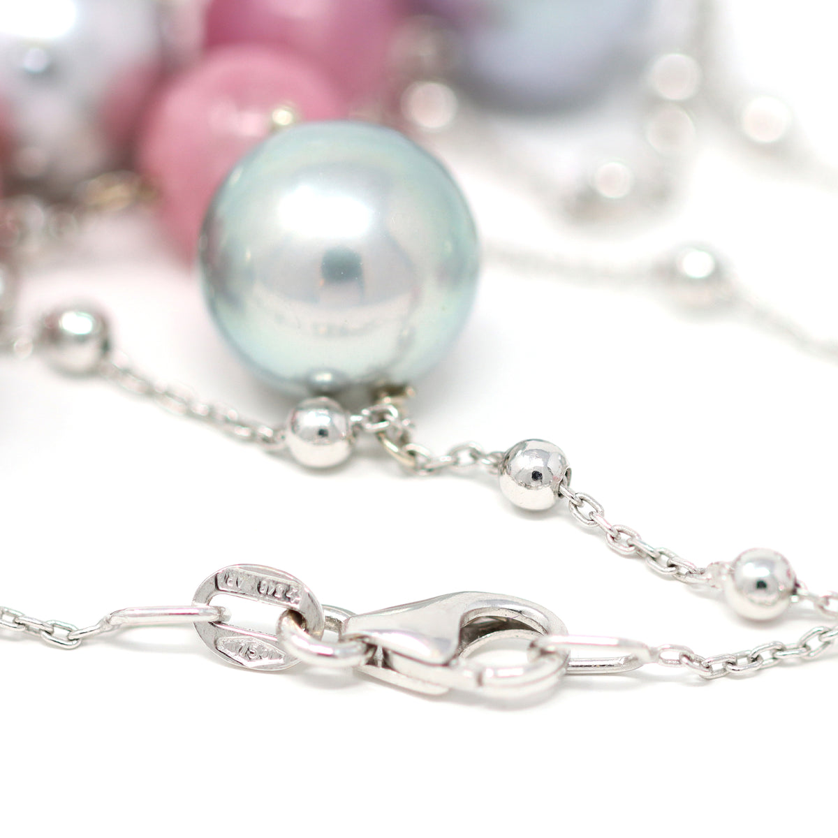 Tahitian Pearl and Pink Tourmaline Bead Station Necklace in 18k by Rosaria Varra hallmarks view