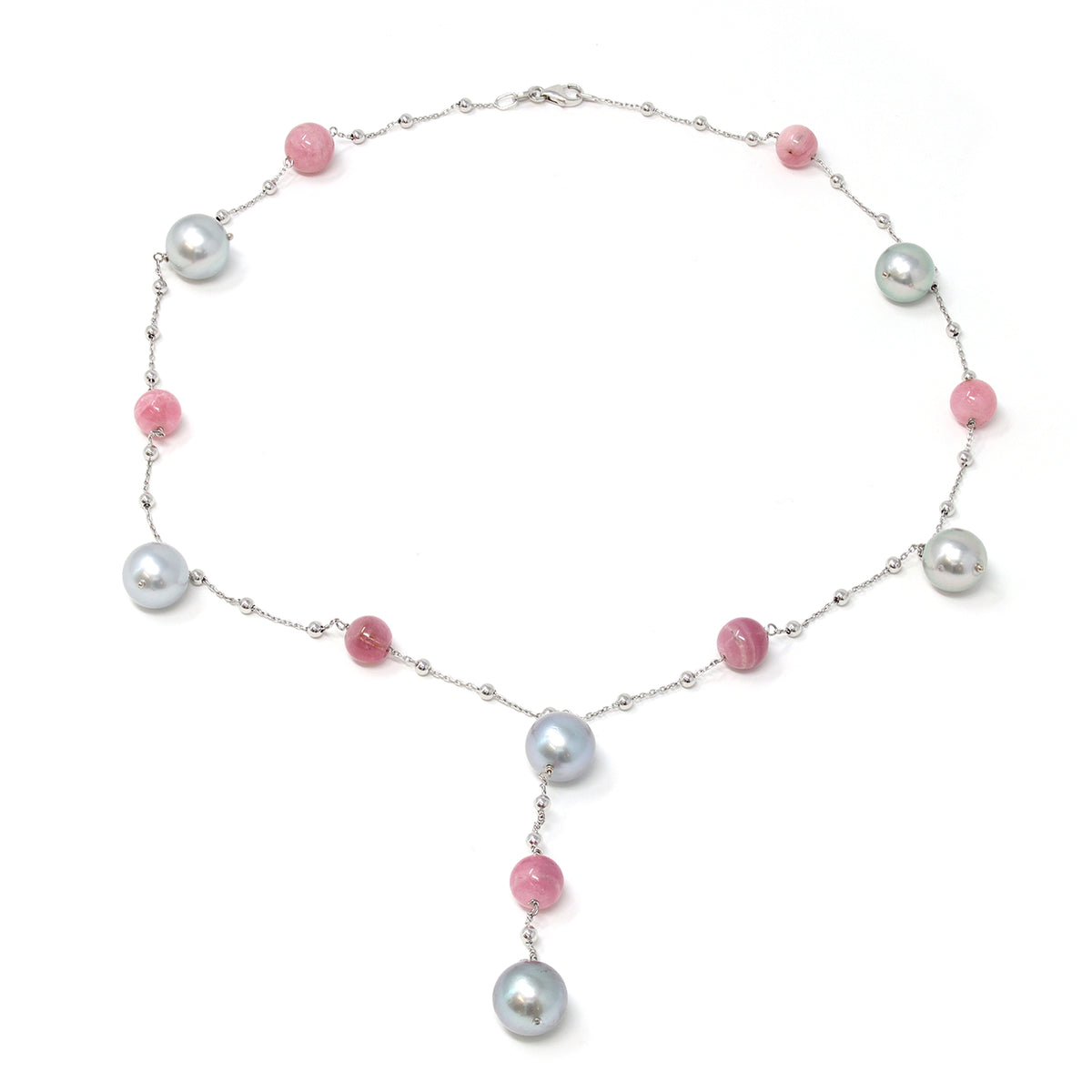 Tahitian Pearl and Pink Tourmaline Bead Station Necklace in 18k by Rosaria Varra top view