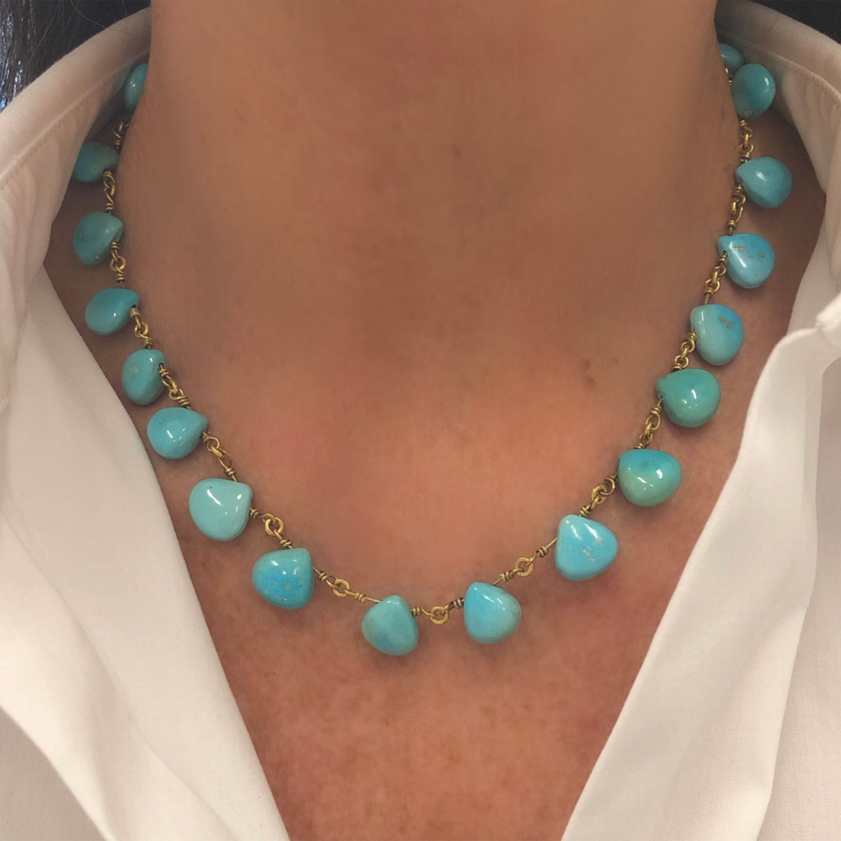 Natural Turquoise Beaded Necklace Set in 18K Yellow Gold model view