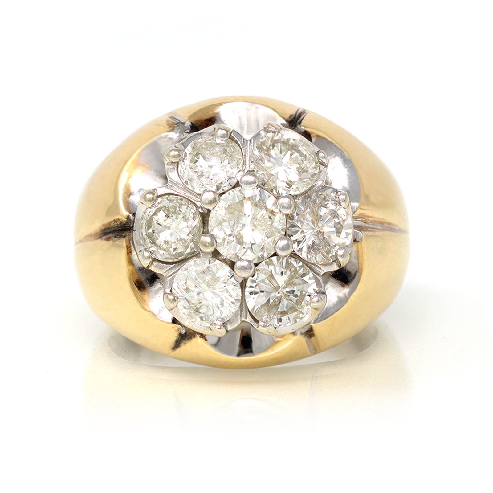 Rosette diamond cocktail ring set in 14 karat yellow gold top view