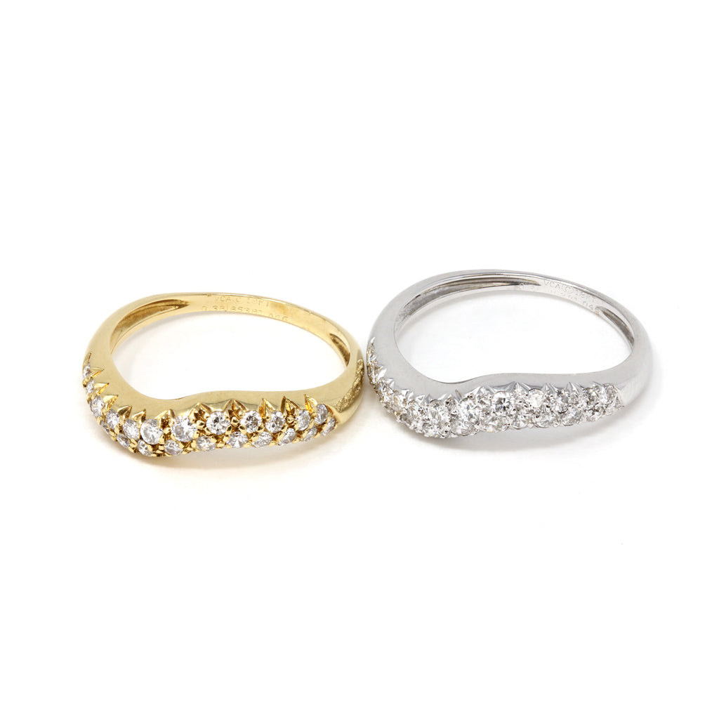 Van Cleef &amp; Arpels White and Yellow 18k Gold Diamond Wave Band Rings side by side view