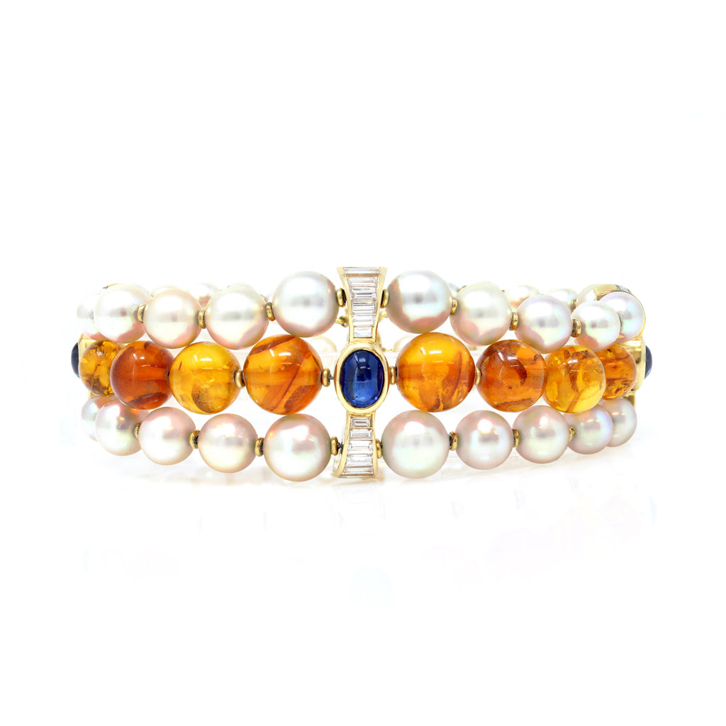 Signed Boucheron Akoya Pearl, Amber, Sapphire and Diamond Bracelet in 18k Gold