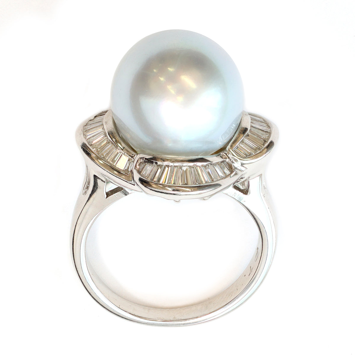 Ballerina South Sea Pearl and Diamond Cocktail Ring in Platinum, Circa 1980 angle view