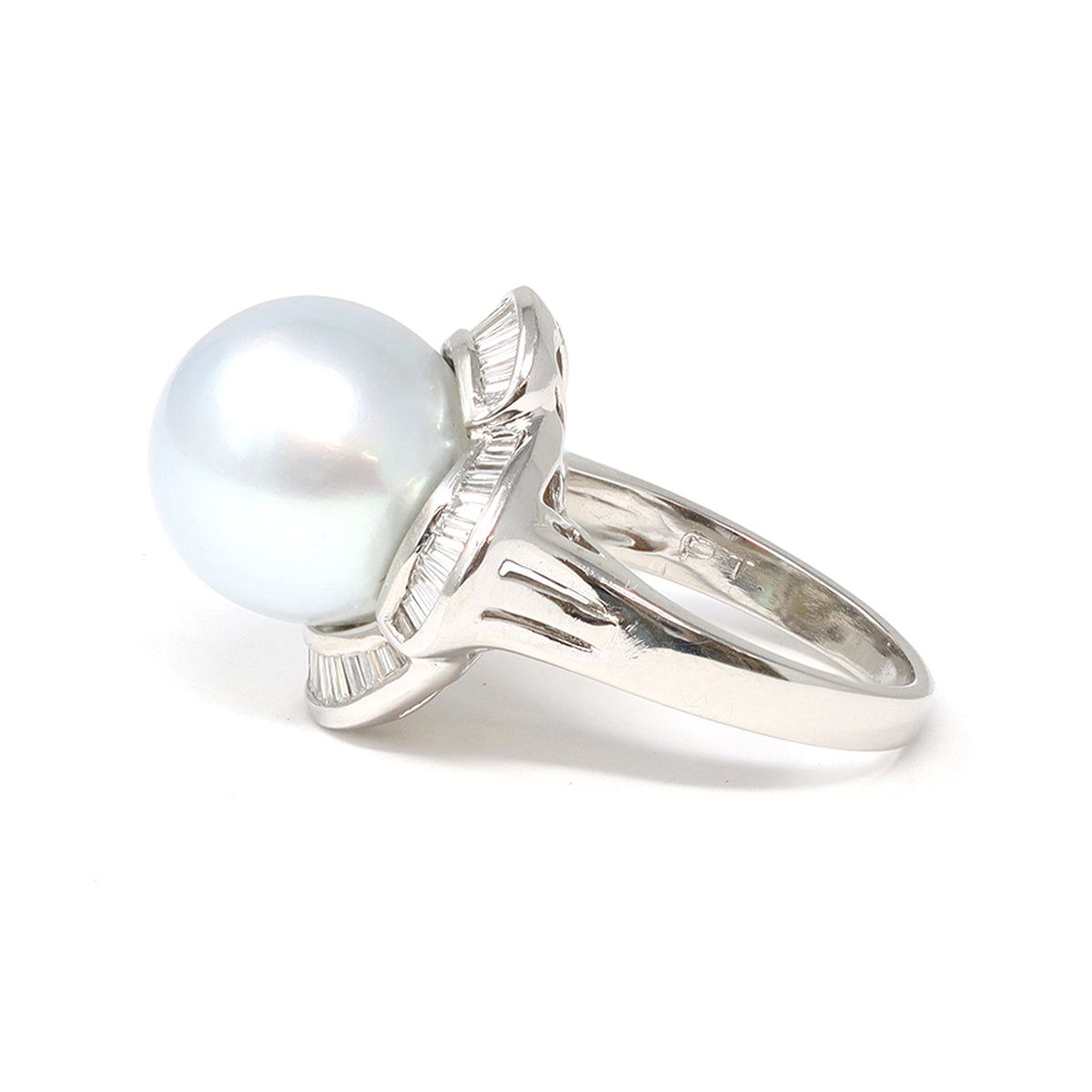 Ballerina South Sea Pearl and Diamond Cocktail Ring in Platinum, Circa 1980 side view