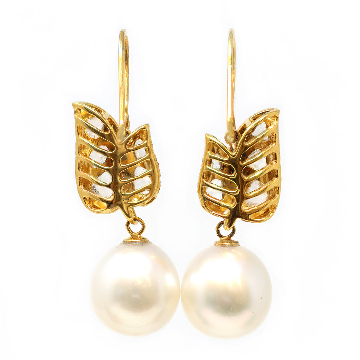 South Sea Pearl and Rose Cut Diamond Earrings in 18 Karat Yellow Gold back view