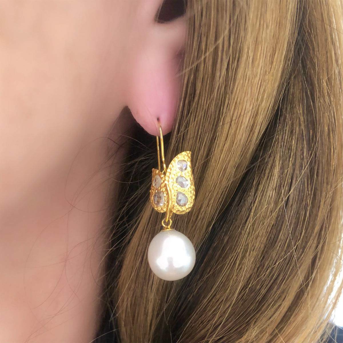 South Sea Pearl and Rose Cut Diamond Earrings in 18 Karat Yellow Gold model view