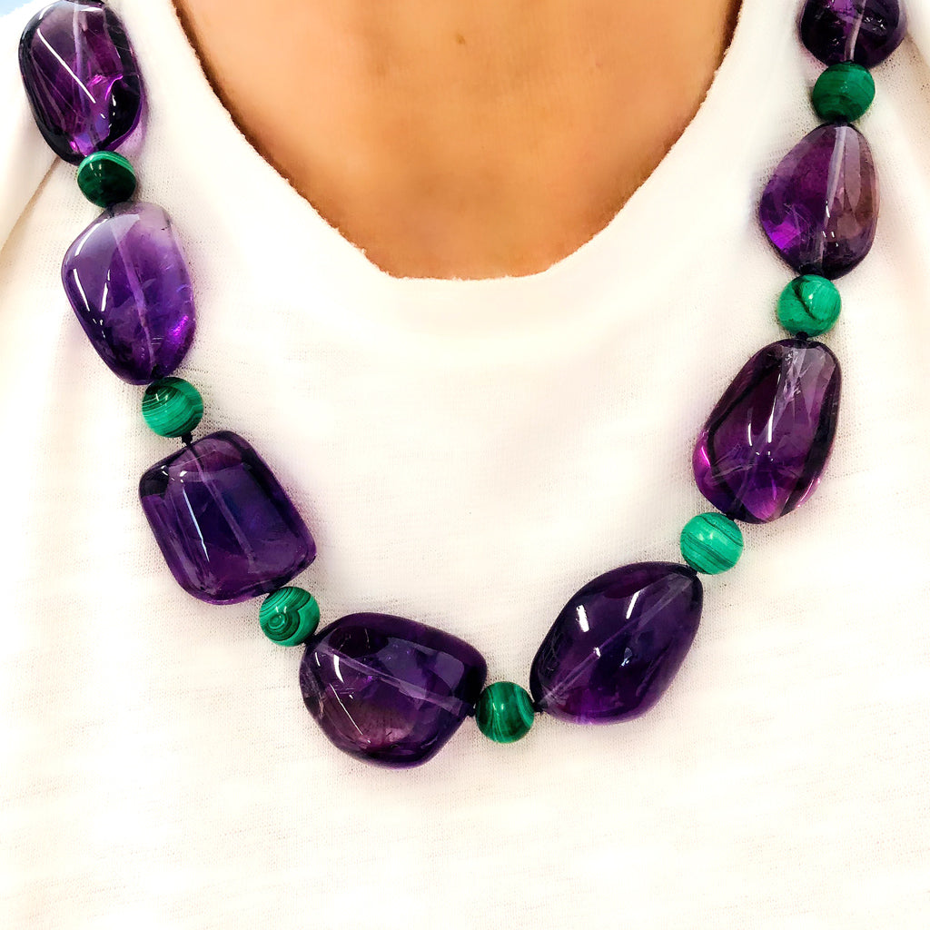 Signed Tambetti Amethyst and Malachite Beaded Necklace model view