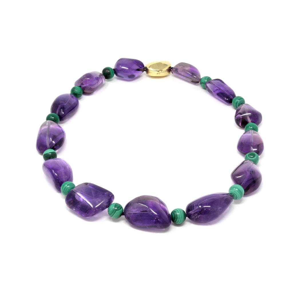 Signed Tambetti Amethyst and Malachite Beaded Necklace top view