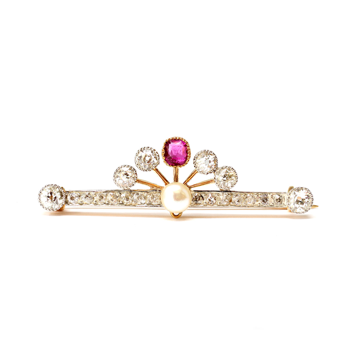 Victorian-14-karat-yellow-gold-diamond-ruby-and-pearl-brooch-front-view-2000x2000
