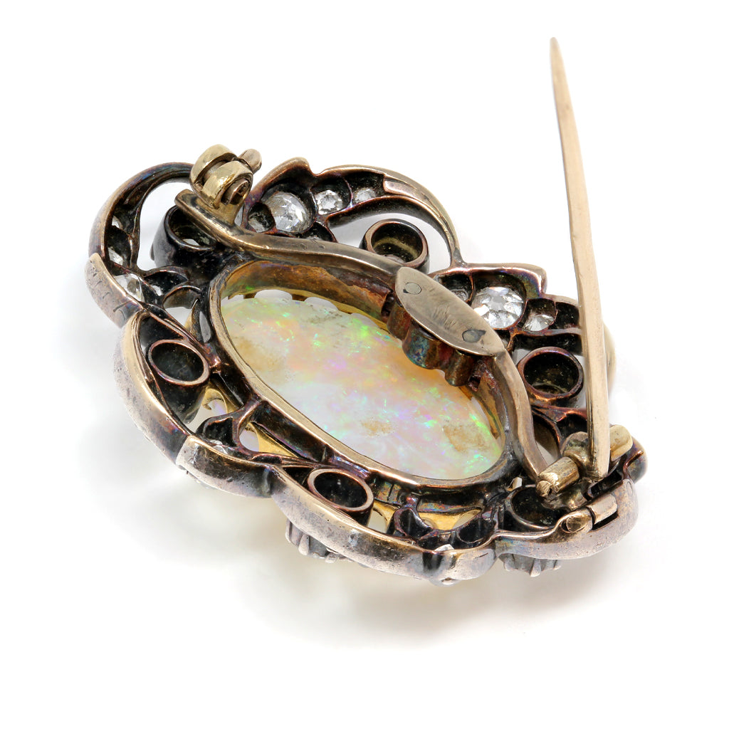 Victorian Opal and 3 Carat Diamond Brooch back view