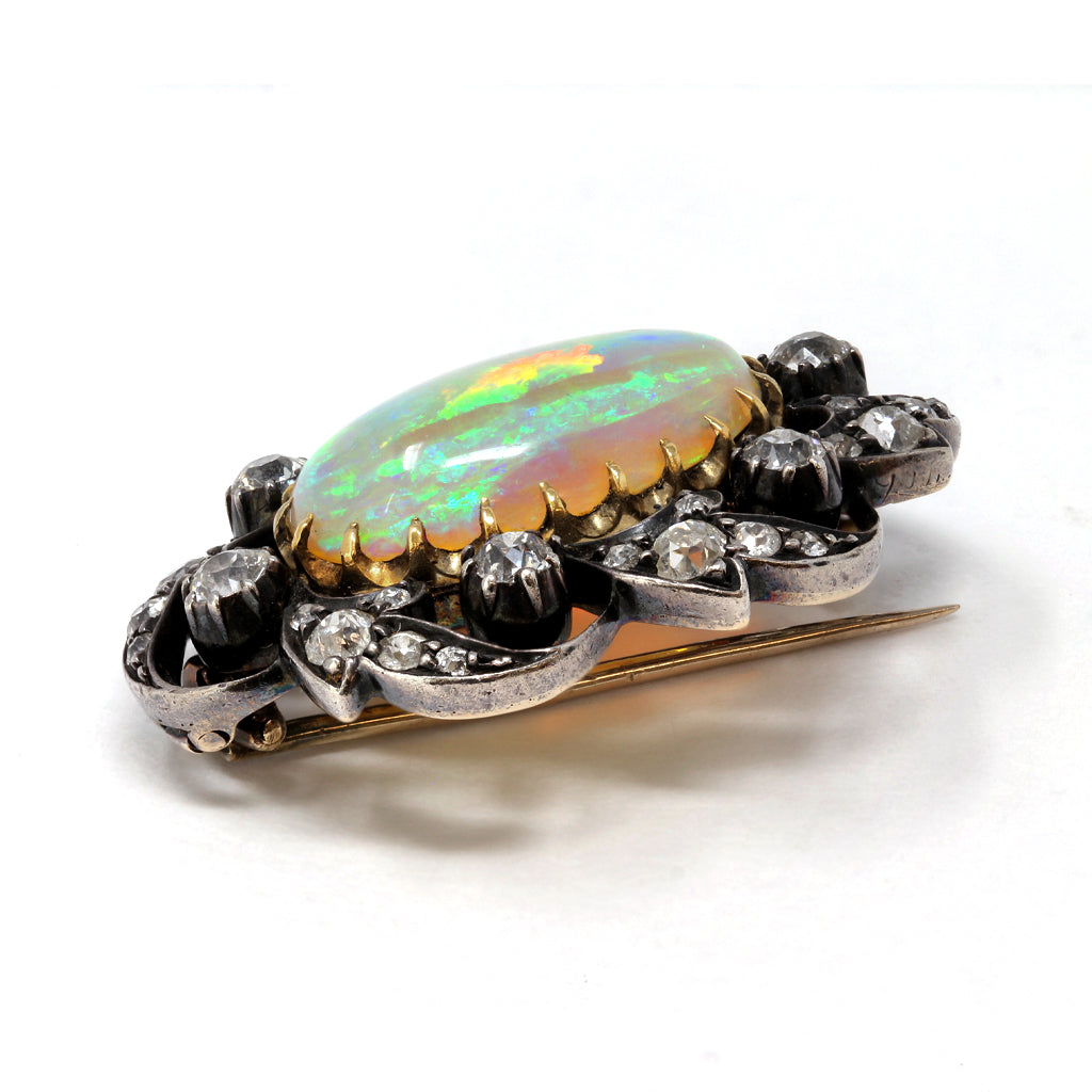 Victorian Opal and 3 Carat Diamond Brooch angle view