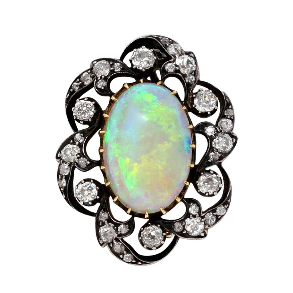Victorian Opal and 3 Carat Diamond Brooch top view