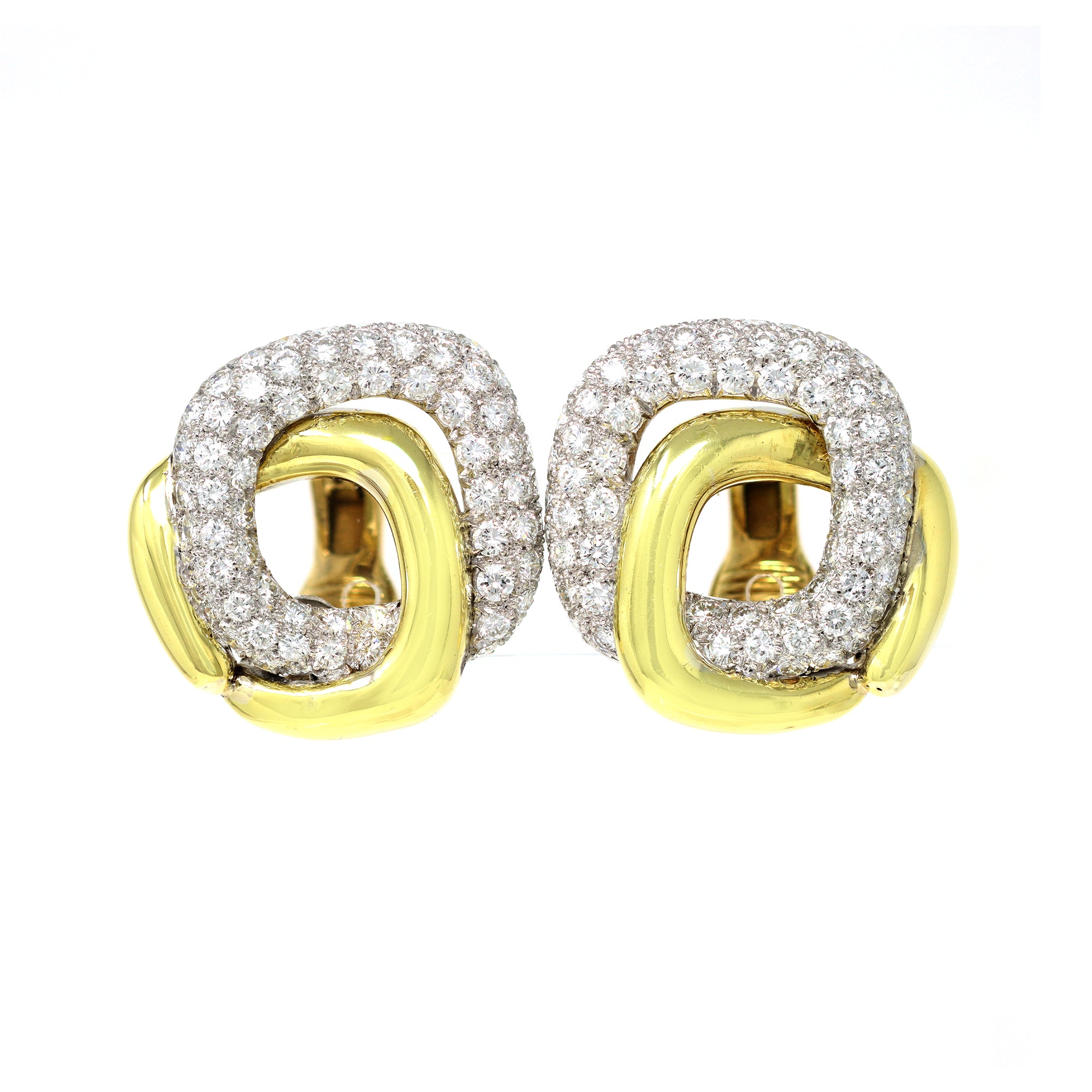 circa 1970 diamond 18 karat yellow gold and platinum clip-on earrings front view