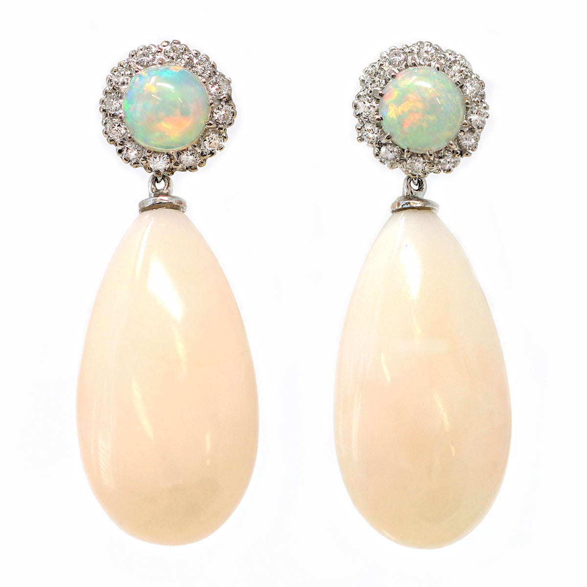  Drop Coral Pendant Earrings with Diamond Halo Opal Set in 18K front view
