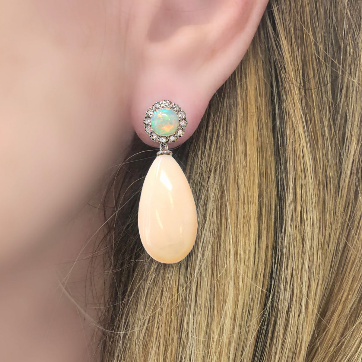 Drop Coral Pendant Earrings with Diamond Halo Opal Set in 18K model view