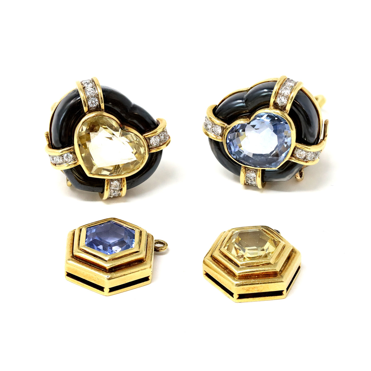 day and night blue and yellow sapphire diamond and hematite dangle earrings set in 18 karat yellow gold detached view