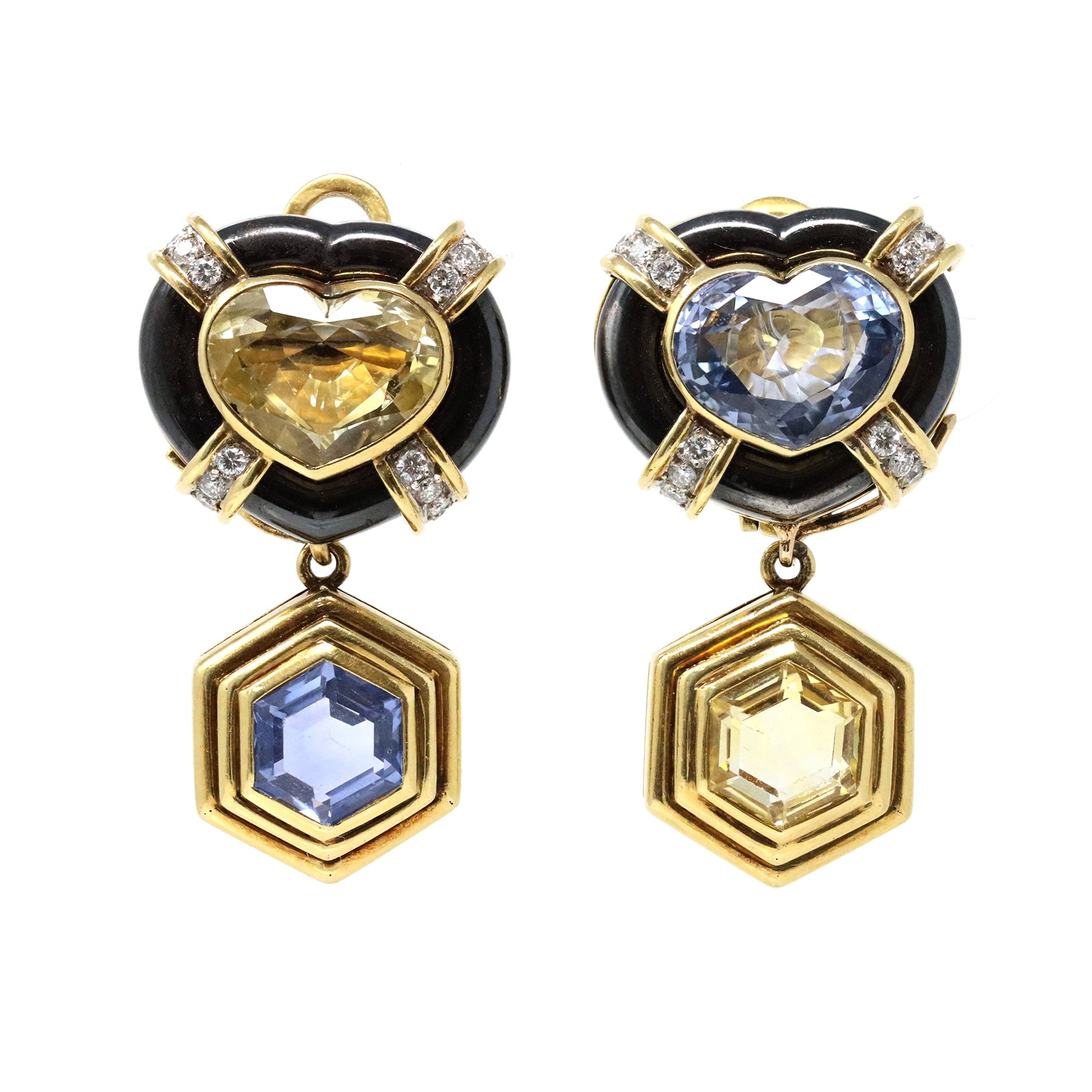 day and night blue and yellow sapphire diamond and hematite dangle clip-on earrings set in 18 karat yellow gold front view