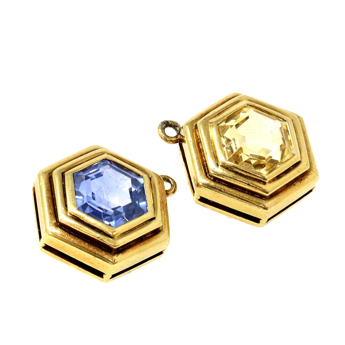 day and night blue and yellow sapphire diamond and hematite dangle clip-on earrings set in 18 karat yellow gold top view