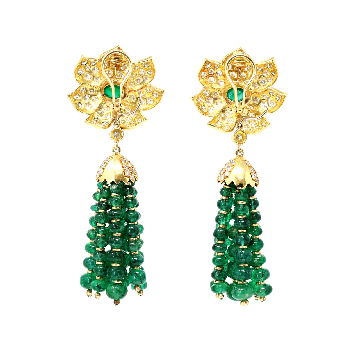 Emerald Bead and Diamond Tassel Pendant 18k Gold Earclips back view