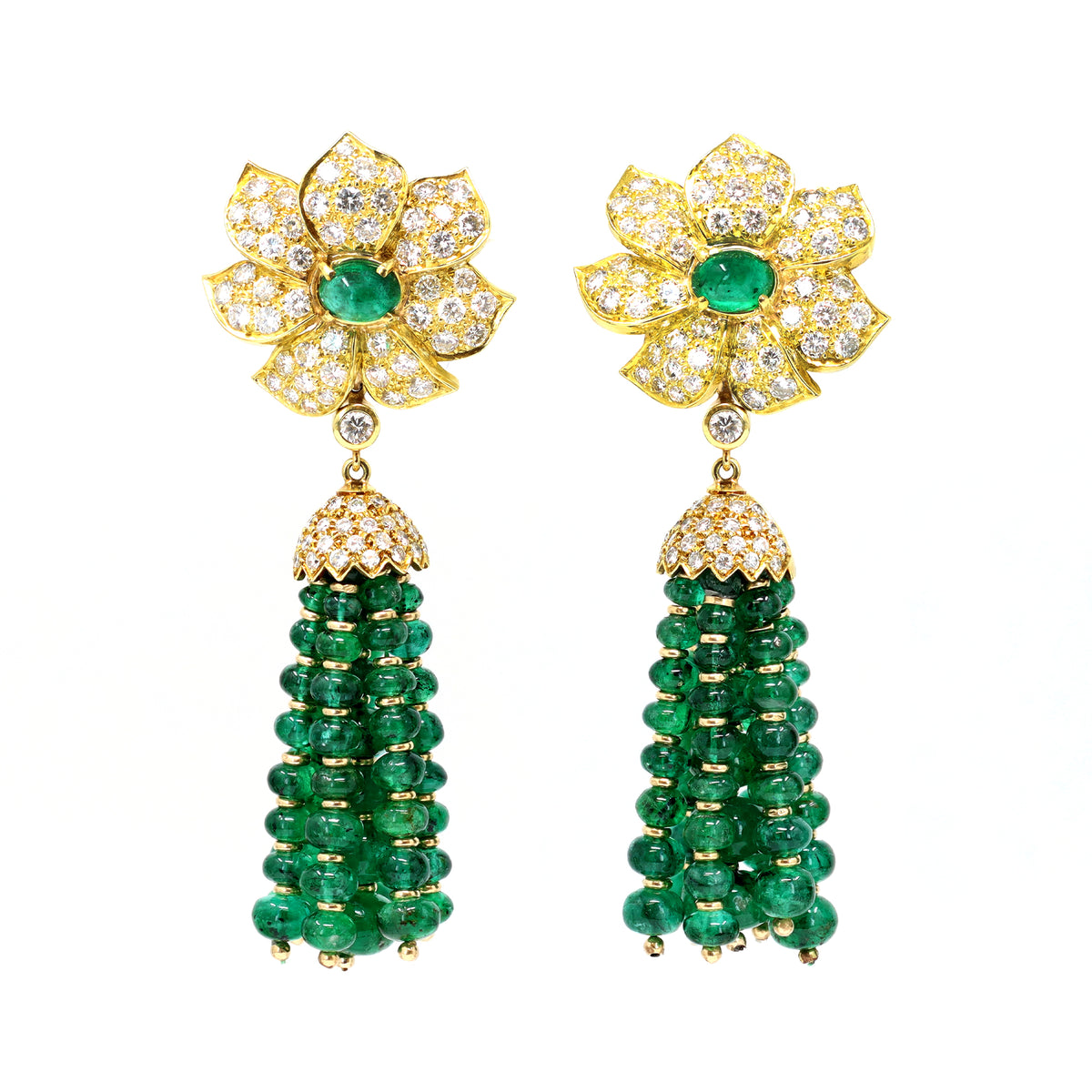 Emerald Bead and Diamond Tassel Pendant 18k Gold Earclips front view