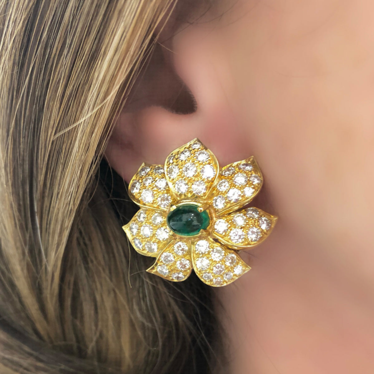 Emerald Bead and Diamond Tassel Pendant 18k Gold Earclips flower model view