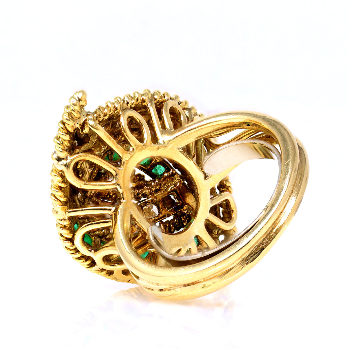 emerald and diamond cocktail ring set in 18 karat yellow gold side view galleria view