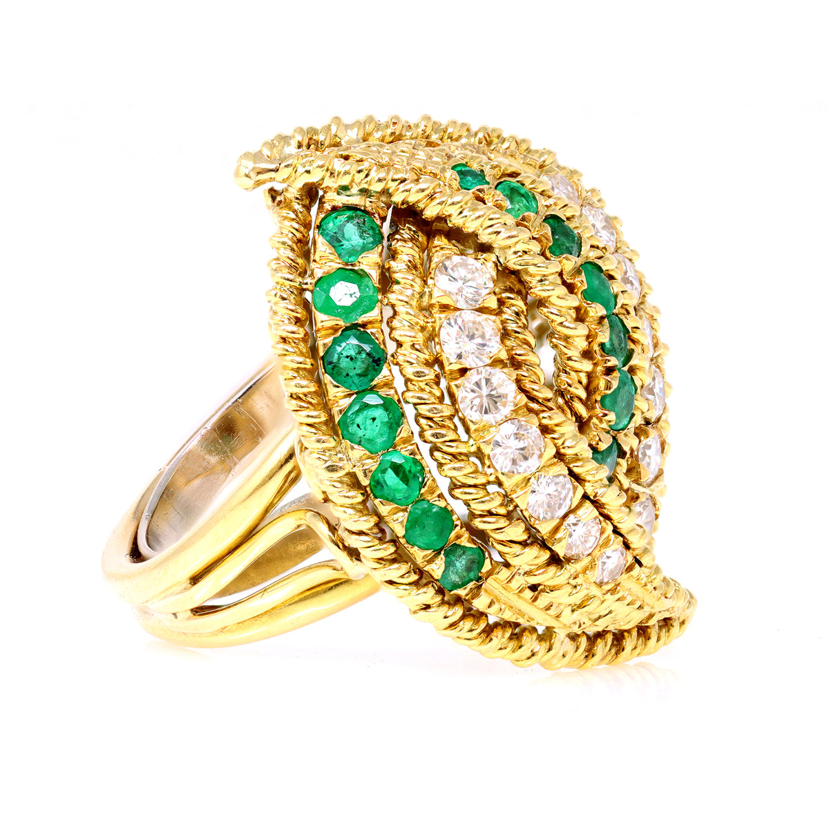 emerald and diamond cocktail ring set in 18 karat yellow gold side view