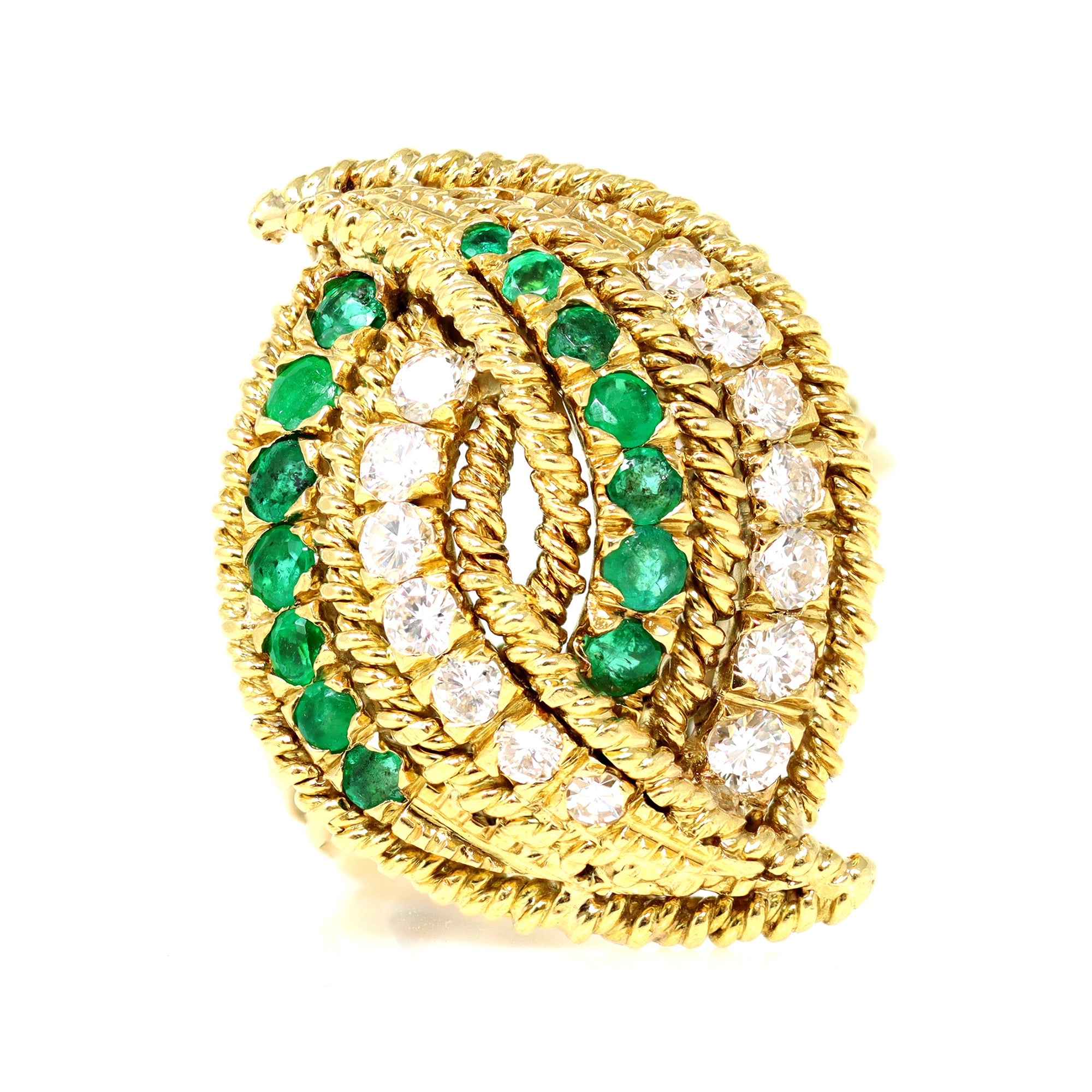 emerald and diamond cocktail ring set in 18 karat yellow gold top view