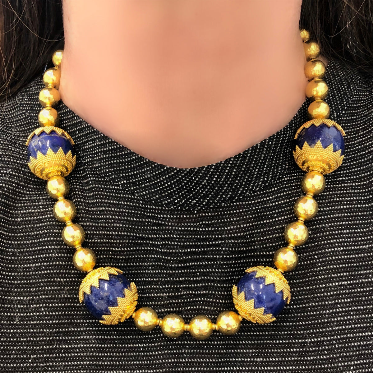 High Karat Gold Necklace with Lapis Lazuli Beads CA 1970