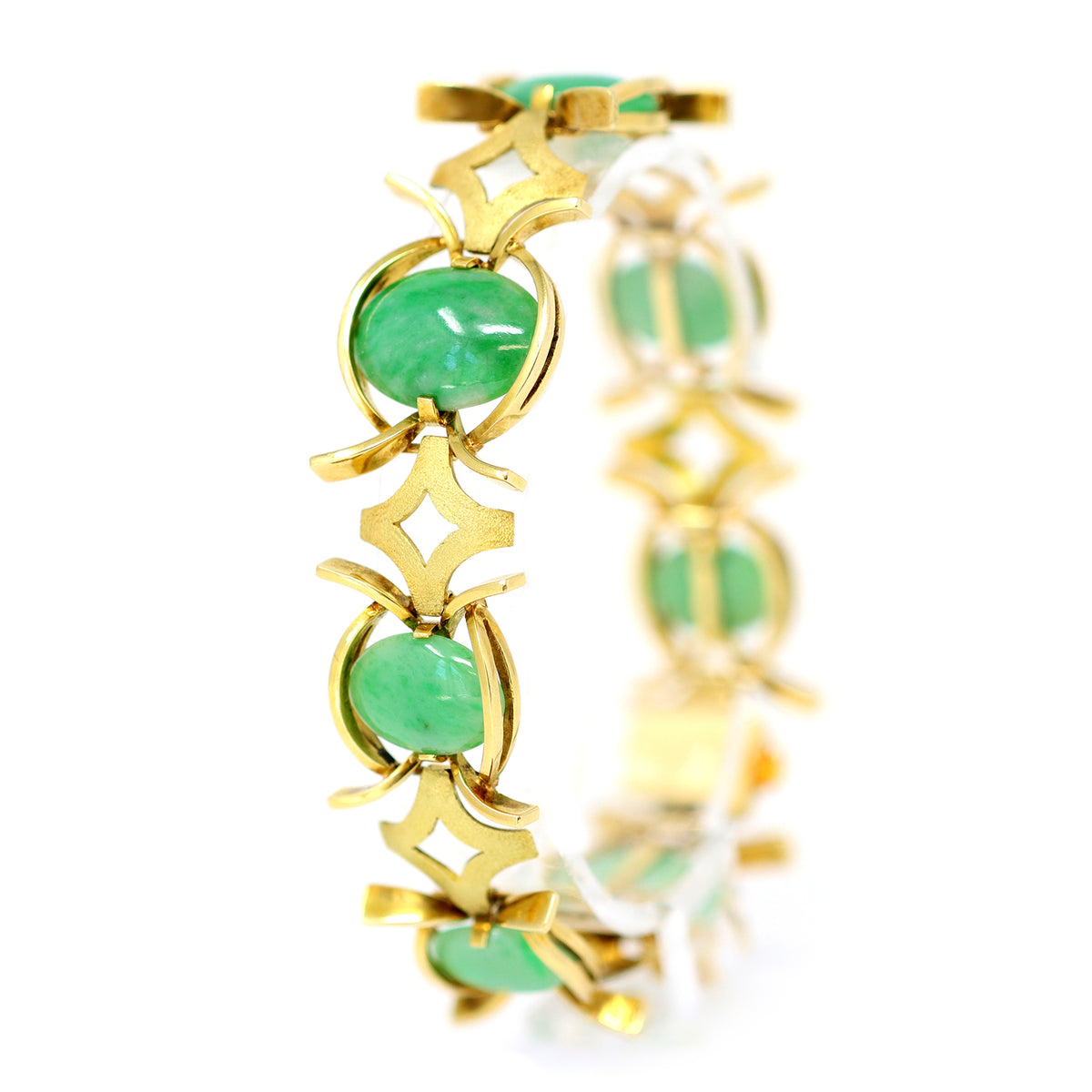 natural cabochon jadeite and 18k yellow gold bracelet display view 