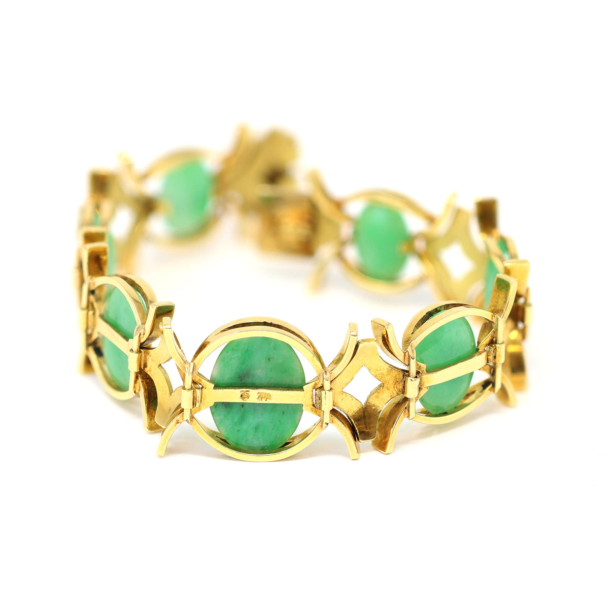 natural cabochon jadeite and 18k yellow gold bracelet hallmarks view 