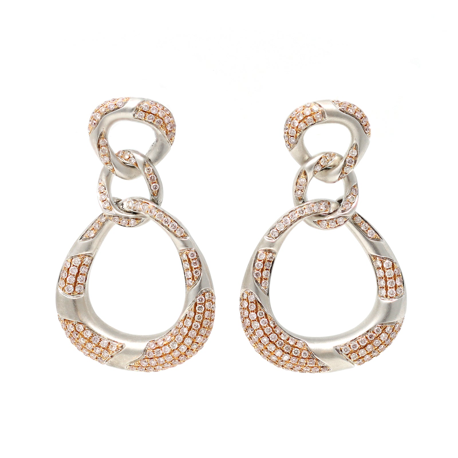 Pink and White Diamond & 18k Gold Pendant Earrings front view