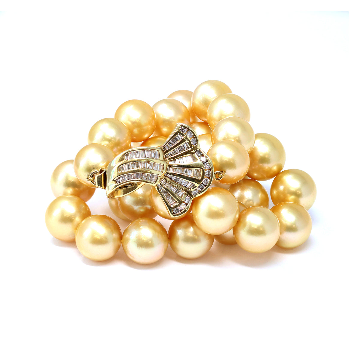 natural south sea gold pearl necklace with 14 karat yellow gold diamond clasp random view