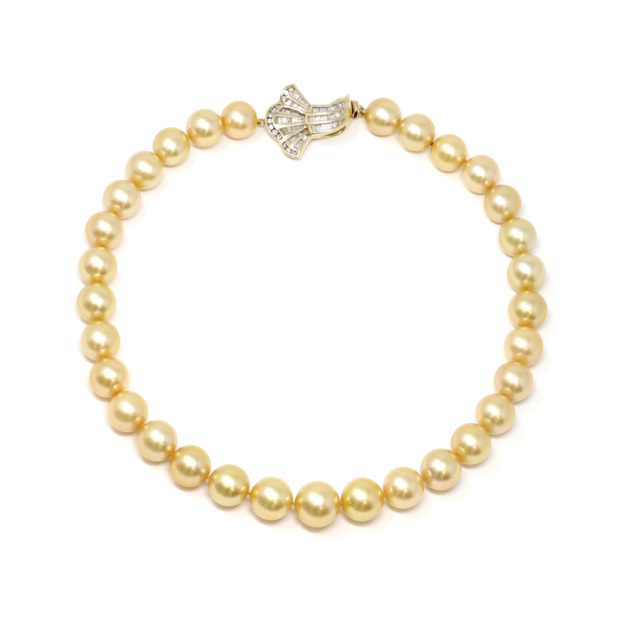 natural south sea gold pearl necklace with 14 karat yellow gold diamond clasp top view