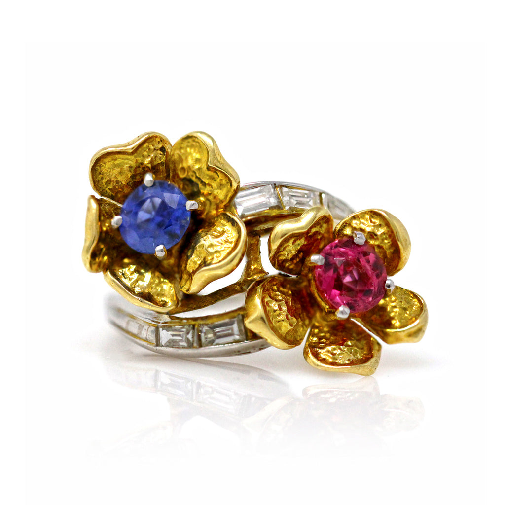 1960s Pink and Blue Sapphire Bypass Flower Ring front view