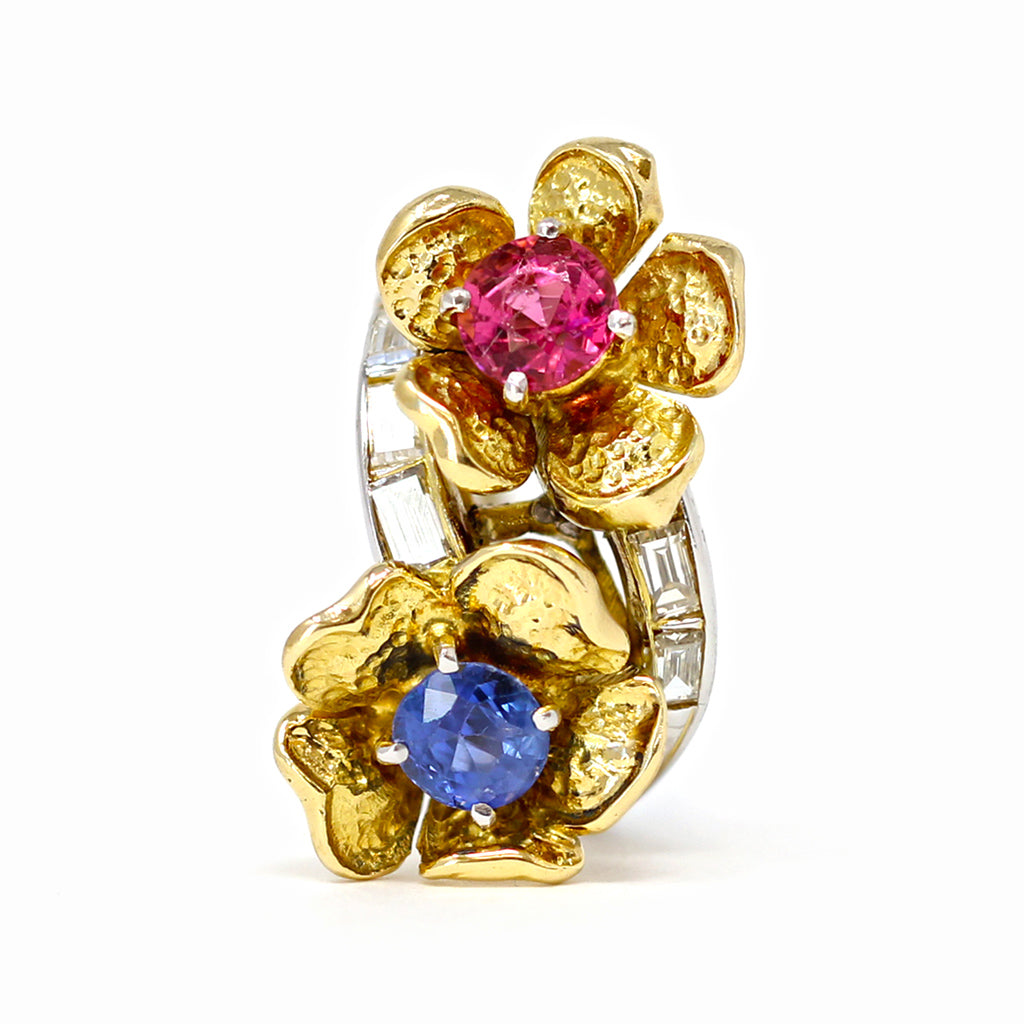 1960s Pink and Blue Sapphire Bypass Flower Ring standing view