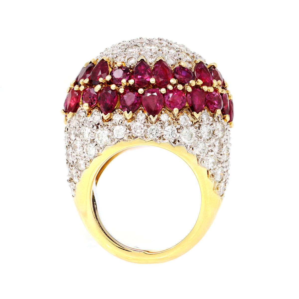 Important Diamond and Ruby Dome Cocktail Ring 18 Karat circa 1970 front view