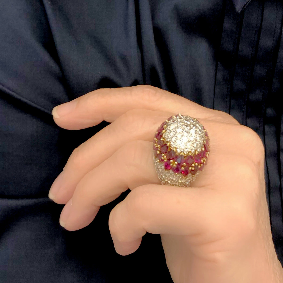 Important Diamond and Ruby Dome Cocktail Ring 18 Karat circa 1970 model view