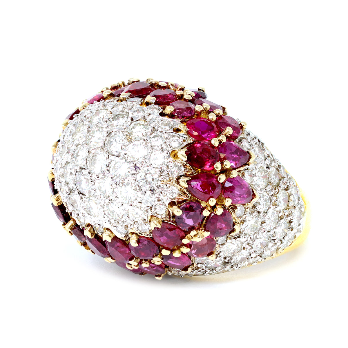 Important Diamond and Ruby Dome Cocktail Ring 18 Karat circa 1970 top angle view