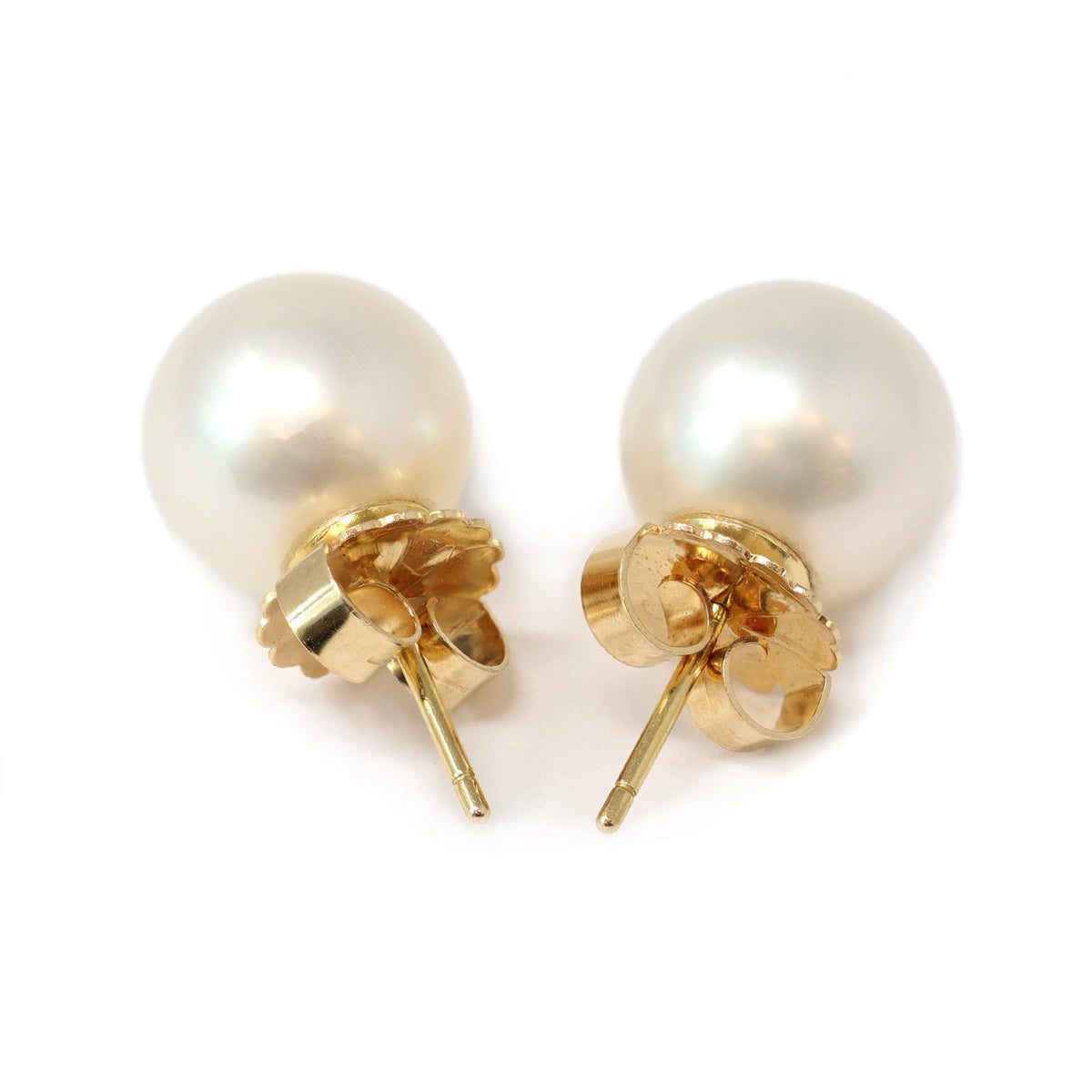 White South Sea Pearl Stud Earrings in 18 Karat Yellow Gold back view