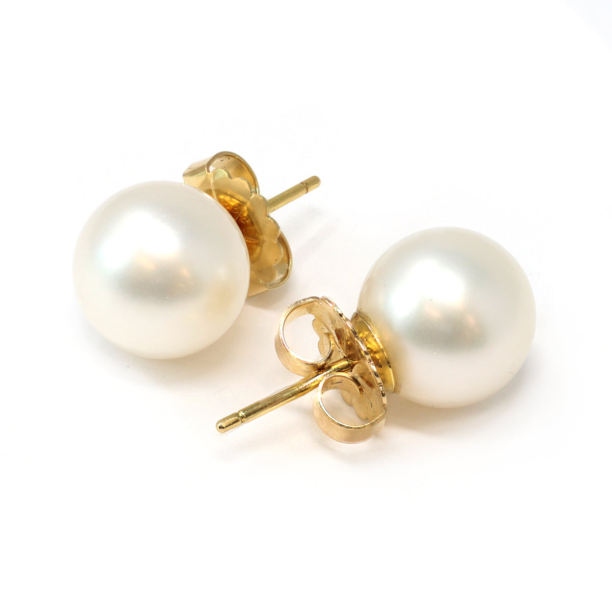 White South Sea Pearl Stud Earrings in 18 Karat Yellow Gold front and back view