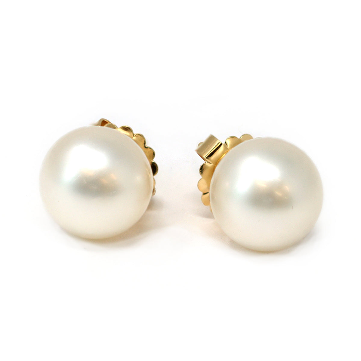 White South Sea Pearl Stud Earrings in 18 Karat Yellow Gold front view